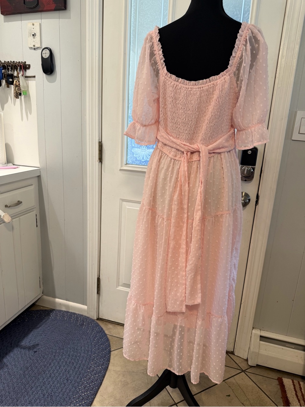 Smocked Swiss Dot Maxi Dress in Light Pink - Picture 2 of 9